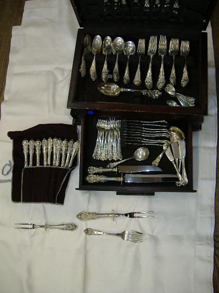 DSCF0495.JPG - Set of Wallace "Sir Christopher" Sterling Flatware - 18 knives, 29 teaspoons, 17 soup spoons, 18 forks, 17 meat forks, 10 dessert spoons, 4 serving spoons, 2 meat forks, 1 serving fork, 1 laddle, 2 serving knives, 18 butters, & 18 hor d'oeurve forks